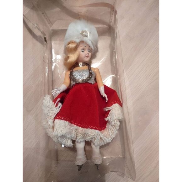 Vintage Ice Skater Christmas Ornament Doll Red Velvet Dres Silver Sequin Holiday - Picture 6 of 7